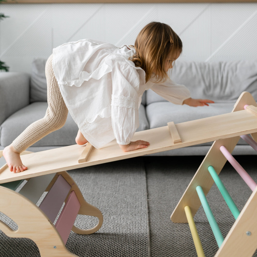 Pikler Triangle + double-sided board + wooden BusyKids Swing set  - colour pastel