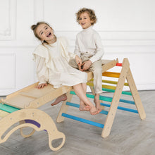 Load image into Gallery viewer, Pikler Triangle + 2 double-sided boards + wooden BusyKids Swing set (large) - Bright colour
