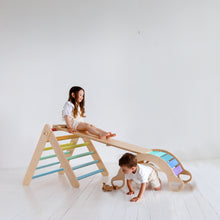 Load image into Gallery viewer, Pikler Triangle + double-sided board + wooden BusyKids Swing set  - colour bright
