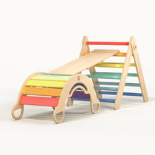 Load image into Gallery viewer, Pikler Triangle + double-sided board + wooden BusyKids Swing set  - colour bright
