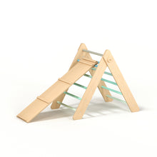 Load image into Gallery viewer, Pikler Triangle + double-sided board + wooden BusyKids Swing set  - colour mint

