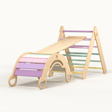 Load image into Gallery viewer, Pikler Triangle + double-sided board + wooden BusyKids Swing set  - colour pastel
