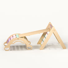 Load image into Gallery viewer, Pikler Triangle + double-sided board + wooden BusyKids Swing set  - colour pastel
