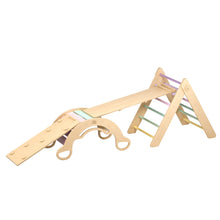 Load image into Gallery viewer, Pikler Triangle + 2 double-sided boards + wooden BusyKids Swing set (large) - colour Pastel
