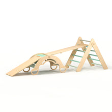 Load image into Gallery viewer, Pikler Triangle + 2 double-sided boards + wooden BusyKids Swing set (large) - colour mint
