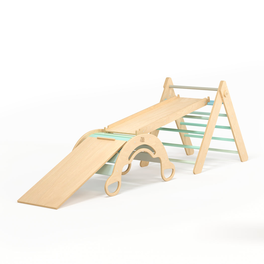 Pikler Triangle + 2 double-sided boards + wooden BusyKids Swing set (large) - colour mint