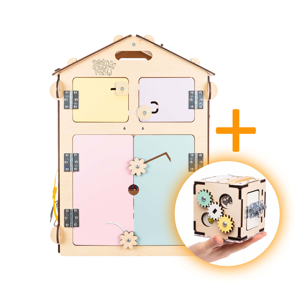 Busy board House Natura Pastel and Busy Cube set