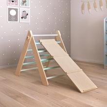 Load image into Gallery viewer, Pikler Triangle + 2 double-sided boards + wooden BusyKids Swing set (large) - colour mint
