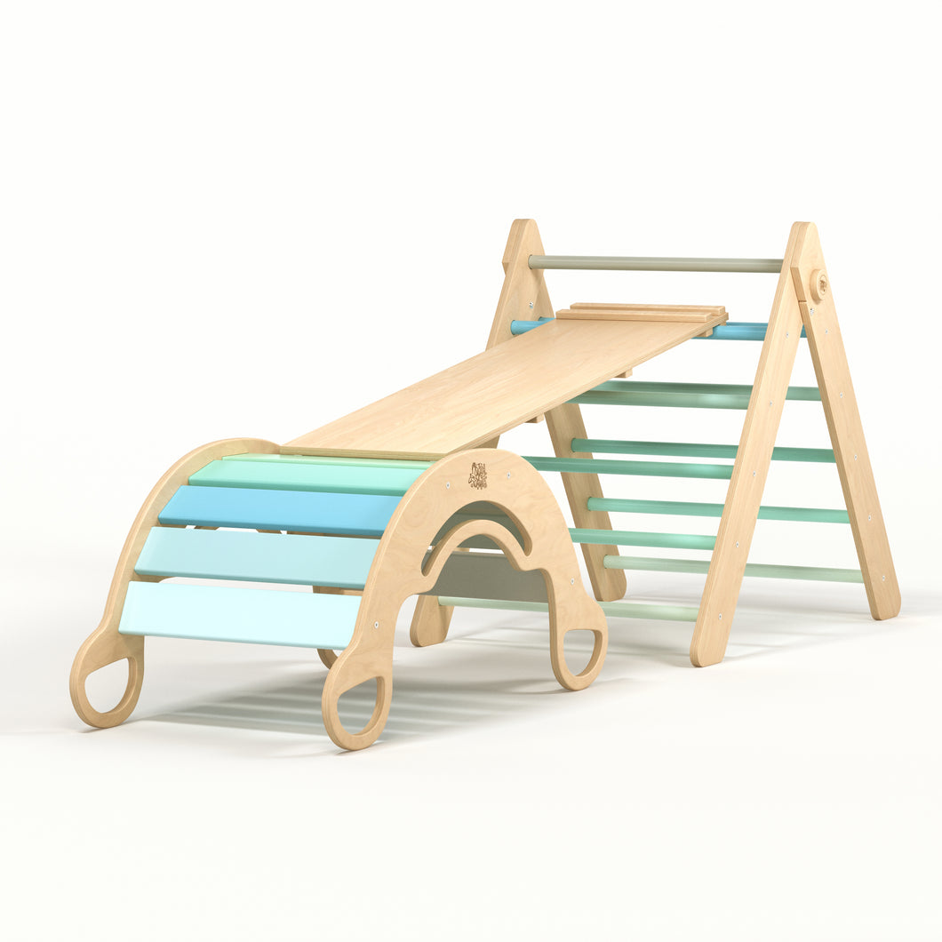 Pikler Triangle + double-sided board + wooden BusyKids Swing set  - colour mint