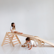 Load image into Gallery viewer, Pikler Triangle + 2 double-sided boards + wooden BusyKids Swing set (large) - Unfinished Wood (No varnish)
