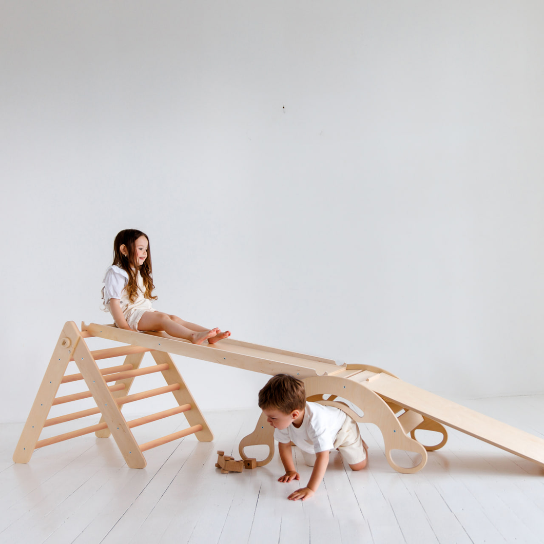 Pikler Triangle + 2 double-sided boards + wooden BusyKids Swing set (large) - Unfinished Wood (No varnish)